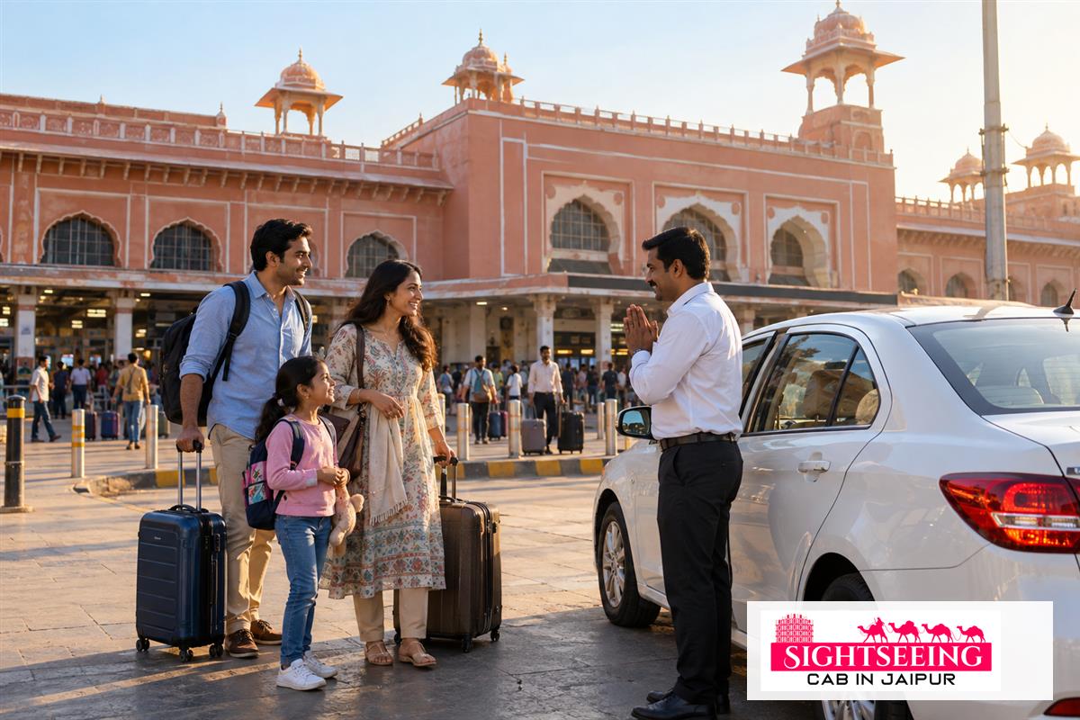 Family welcomed by private cab driver at Jaipur railway station