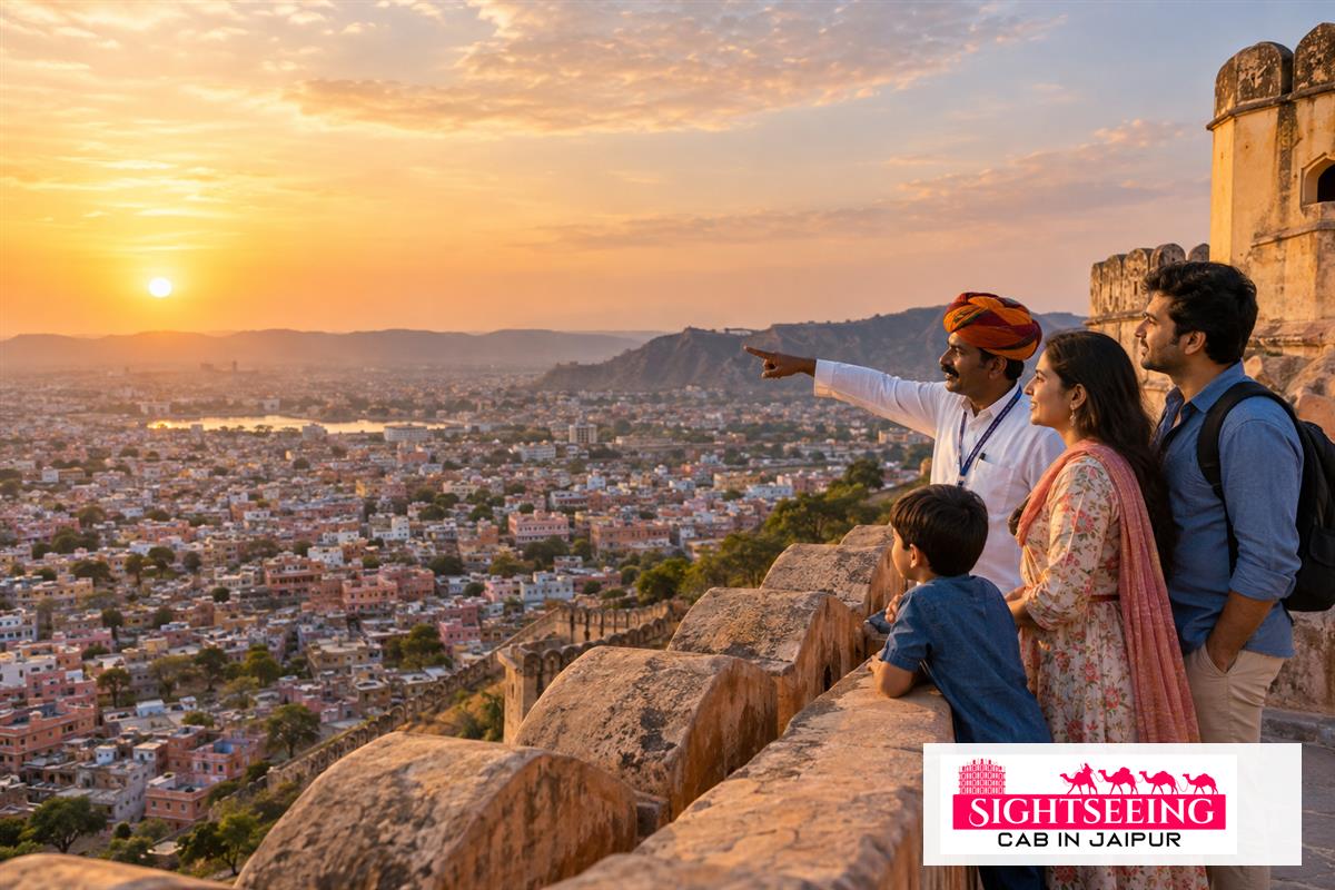 Family viewing Jaipur city at sunset from Nahargarh Fort