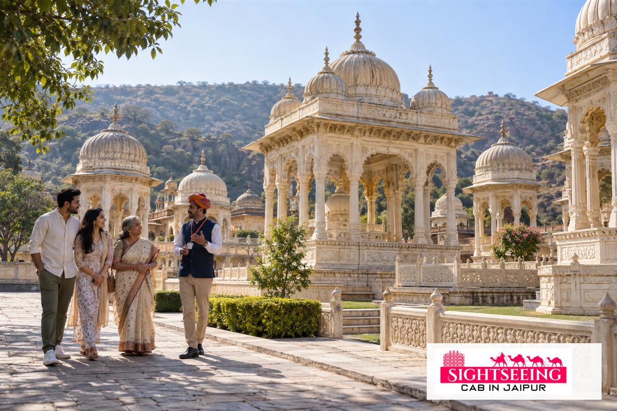 Family with guide at Gaitore Ki Chhatriyan Jaipur