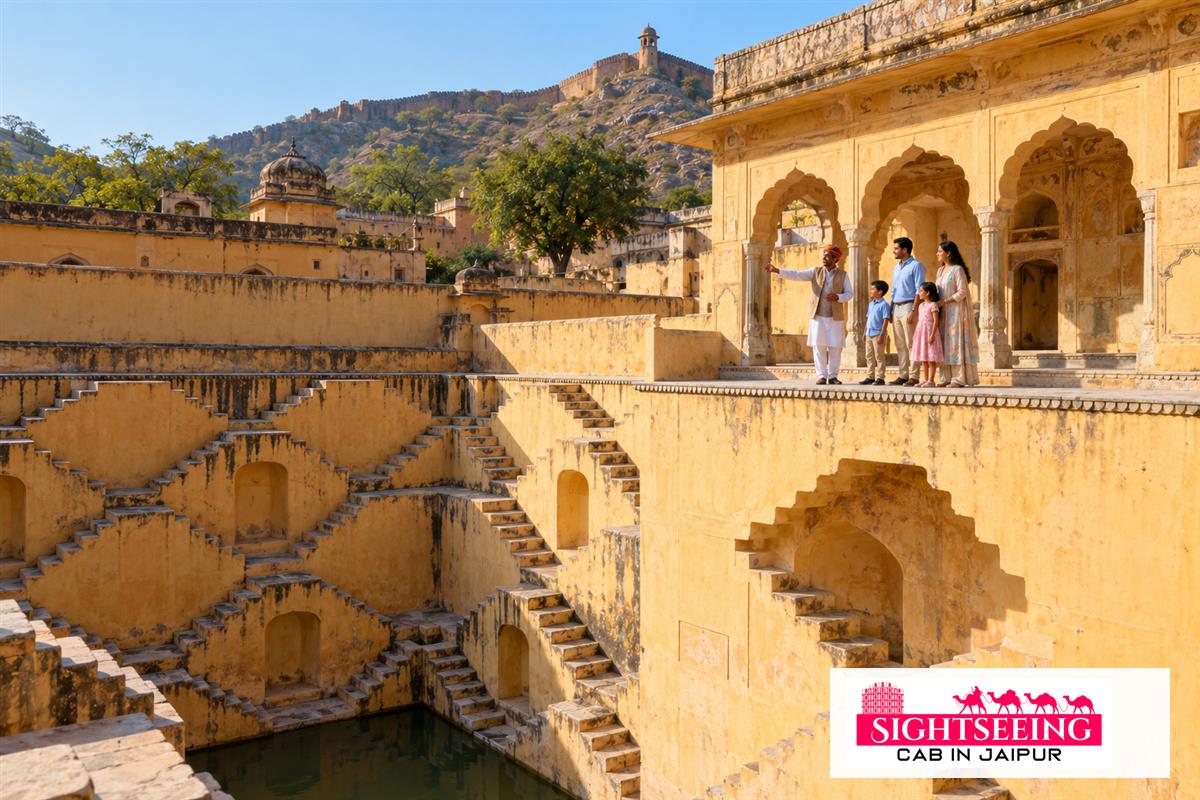 Family with guide at Panna Meena ka Kund Jaipur