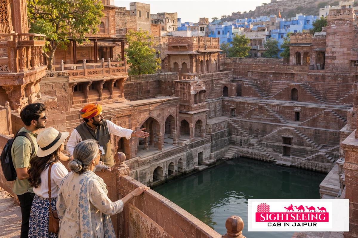Travellers with guide at Toorji Ka Jhalra Jodhpur