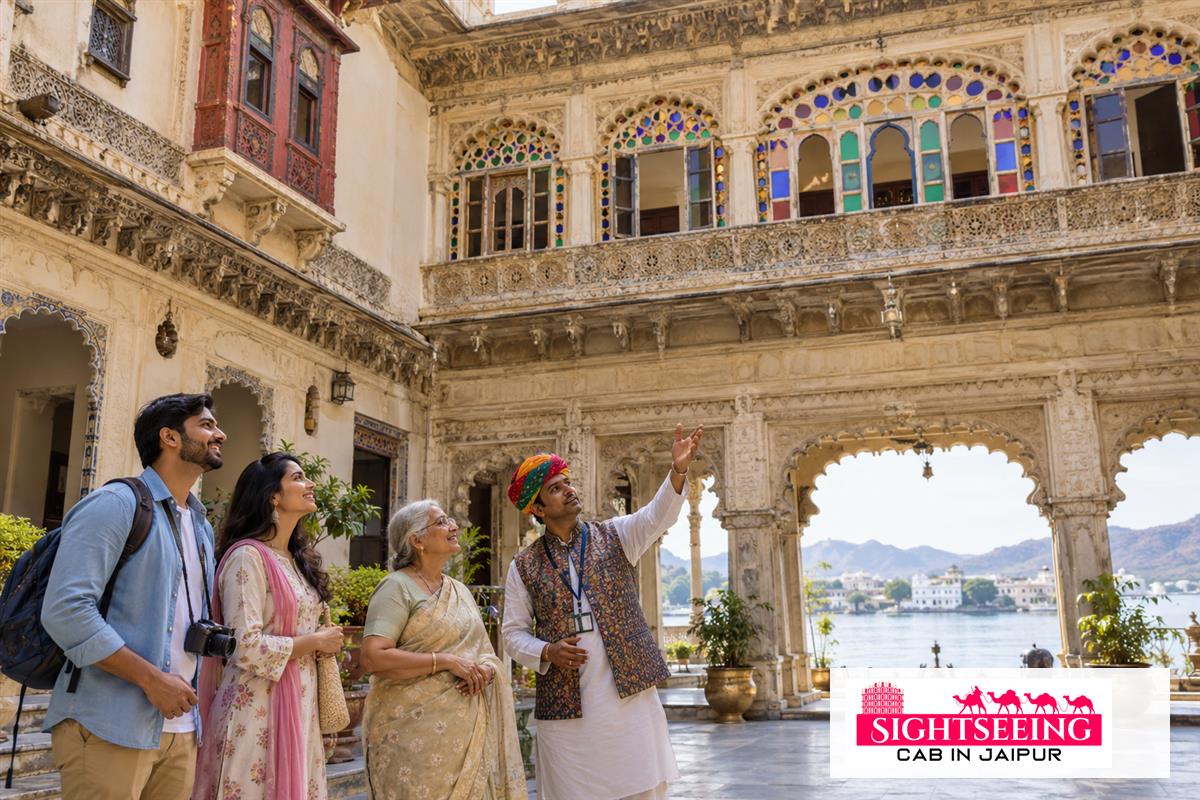 Travellers with guide inside Bagore Ki Haveli Udaipur