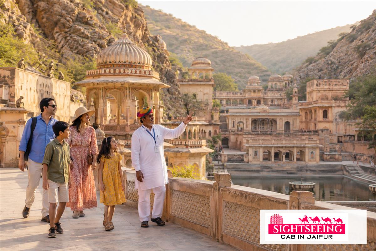 Family and guide at Galta Ji temple Jaipur