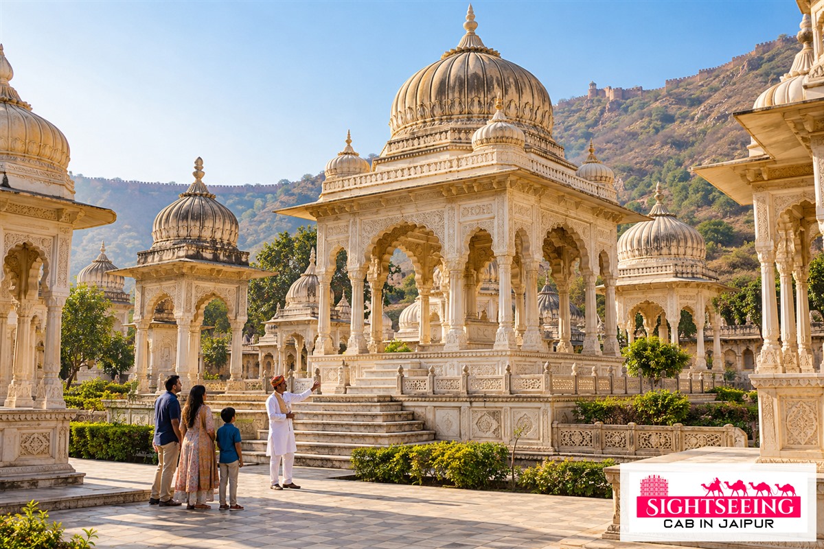 Family with guide at Gaitore Ki Chhatriyan Jaipur