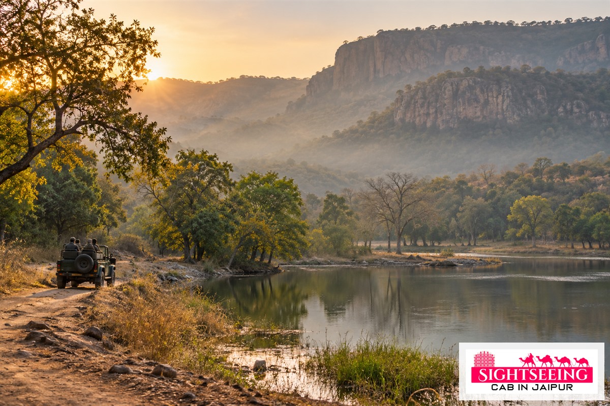 Safari jeep beside a Ranthambore forest watering hole