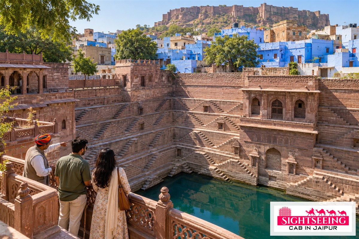 Couple and guide viewing Toorji Ka Jhalra stepwell Jodhpur