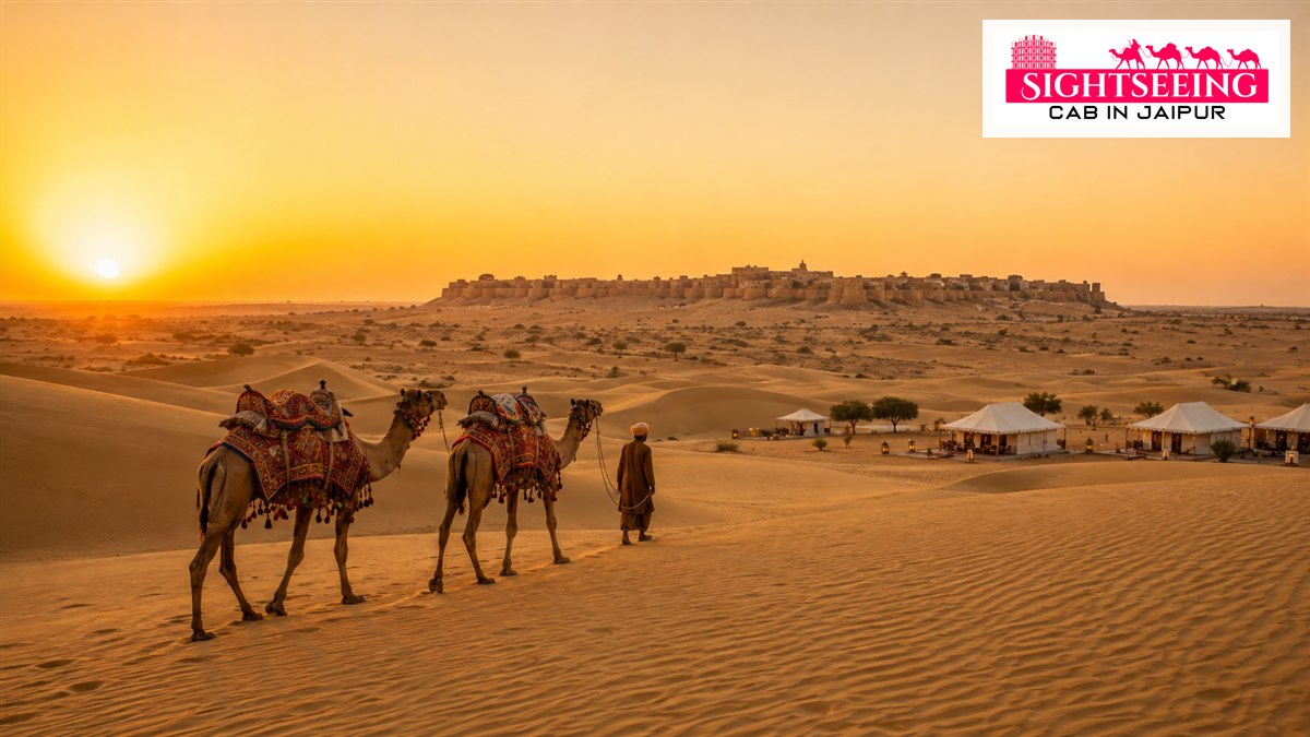 Branded Jaisalmer camel safari and desert camp at sunset