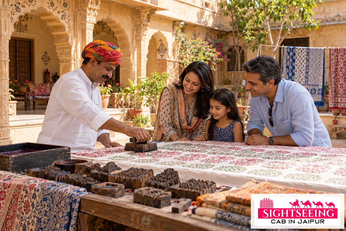 Family watching a Jaipur hand block printing demonstration