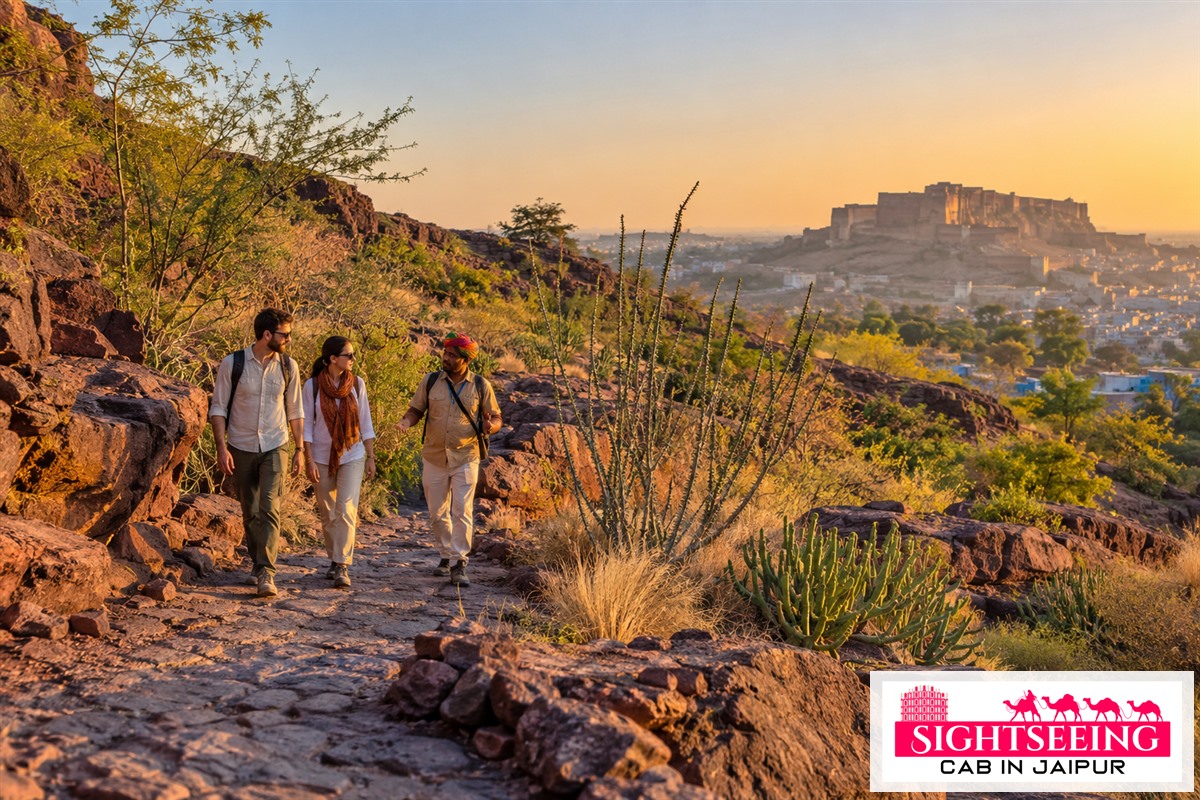 Travellers with guide at Rao Jodha Desert Rock Park Jodhpur