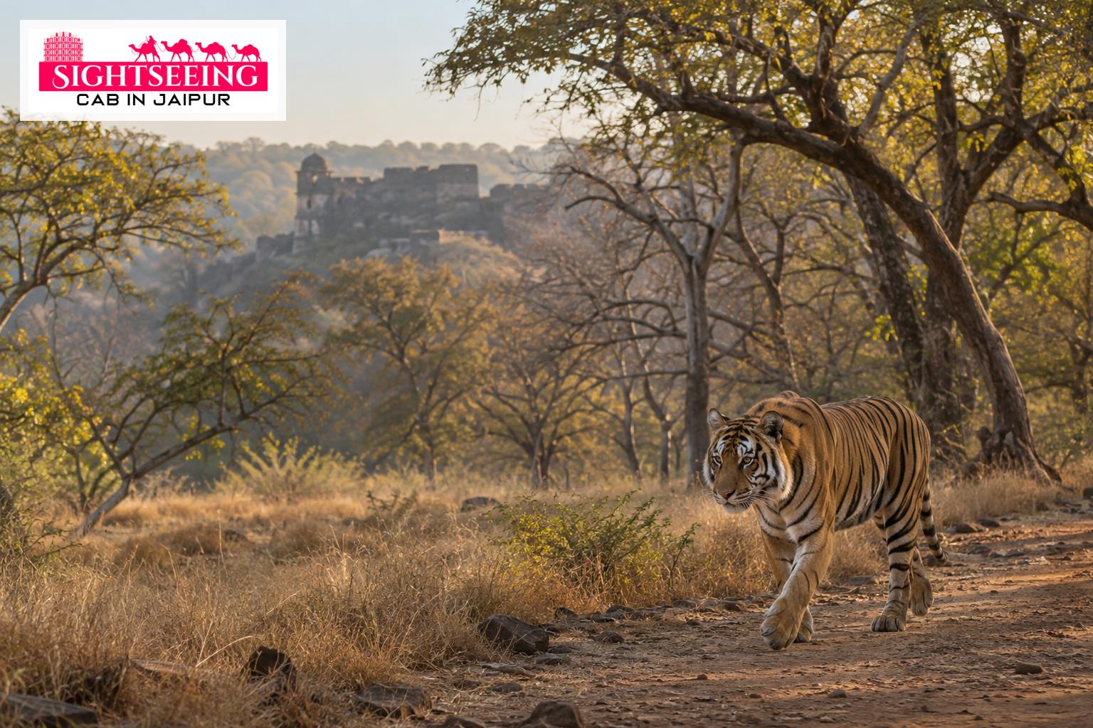 Bengal tiger walking through Ranthambore forest landscape