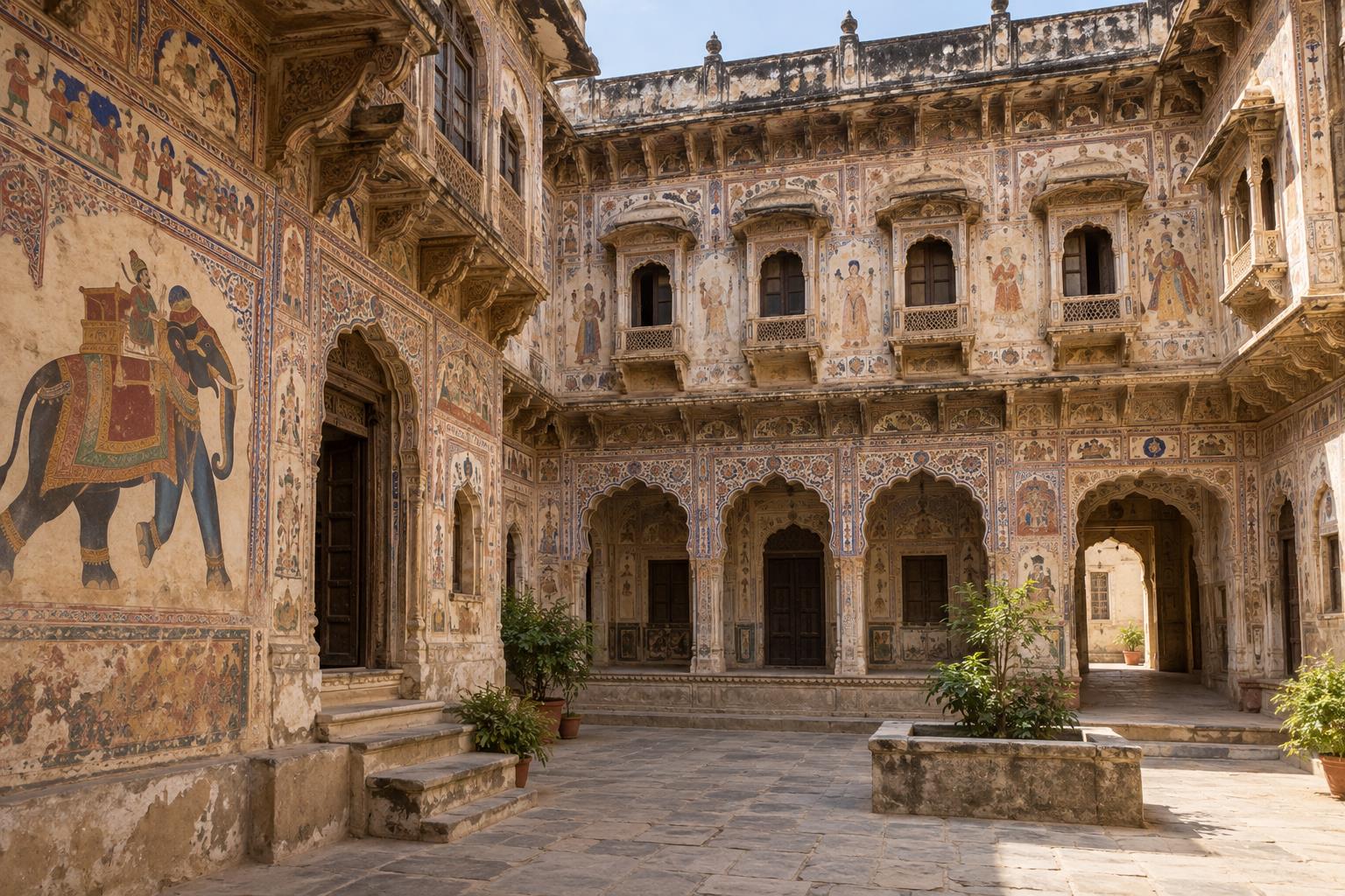 AI-generated Shekhawati painted courtyard travel visual